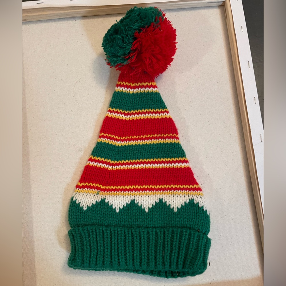 Festive Knit Red and Green winter  Hat with Pom Pom boggin skull cap knit cap